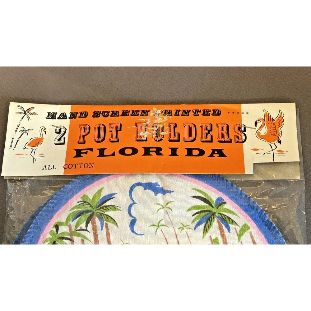 Vintage Hand Screen Printed Set of 2 FLORIDA Cotton Pot‎ Holders Flamingo Palms